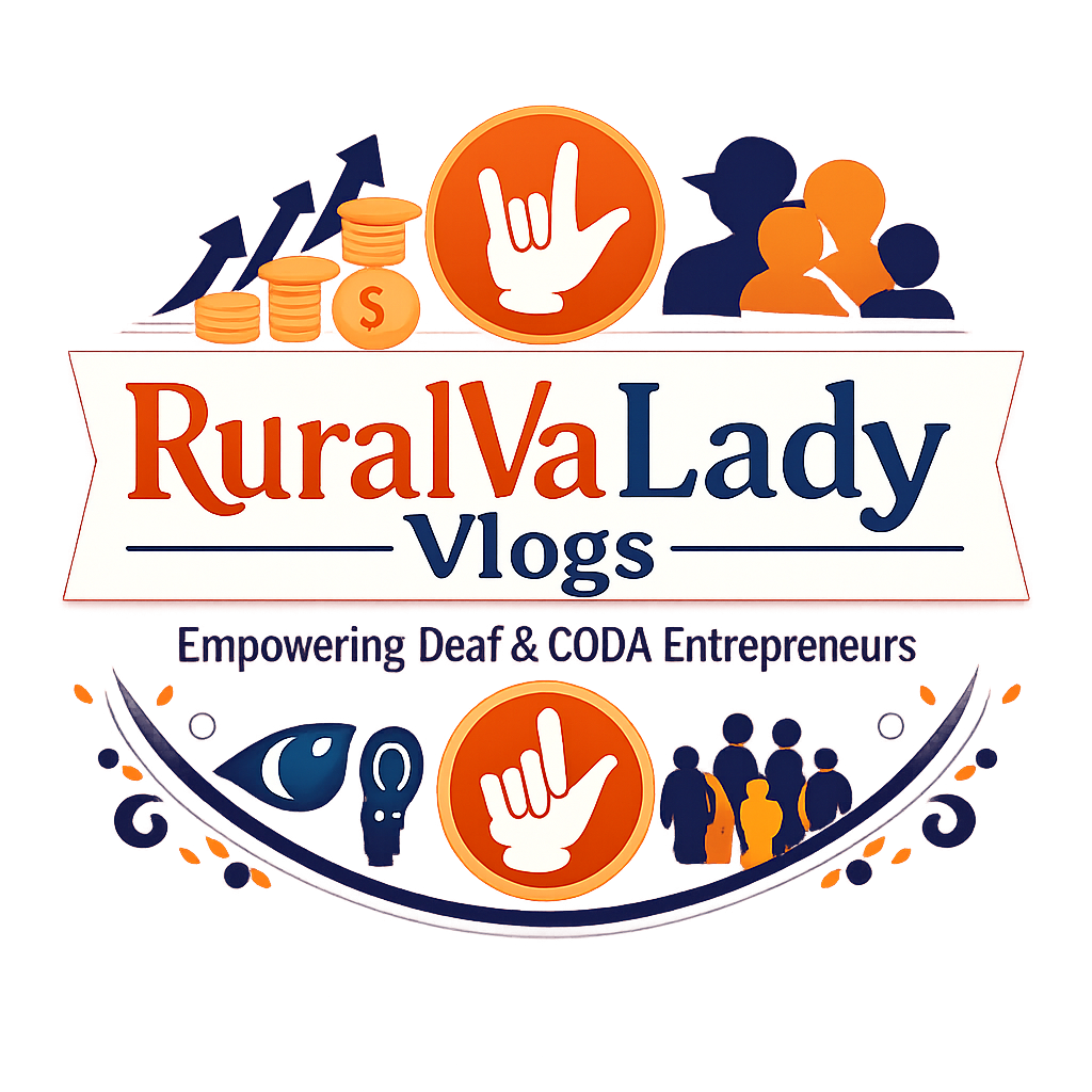 Brand-focused logo design with growth arrows, coins, ASL hand symbol (orange accent), community icons, accessibility symbols, tagline built in "Empowering Deaf & CODA Entrepreneurs".