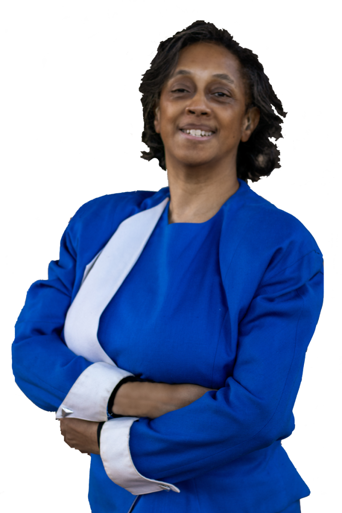 Selfie1: Teresa poses standing to wear blue with white side-chest collar business suit