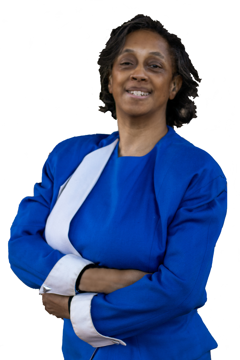 Selfie1: Teresa poses standing to wear blue with white side-chest collar business suit