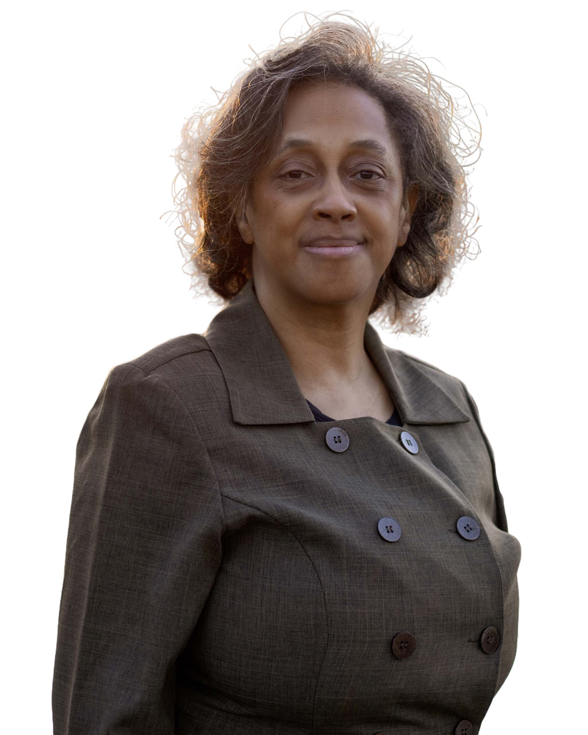 Selfie2: Teresa poses standing to wear brown business suit